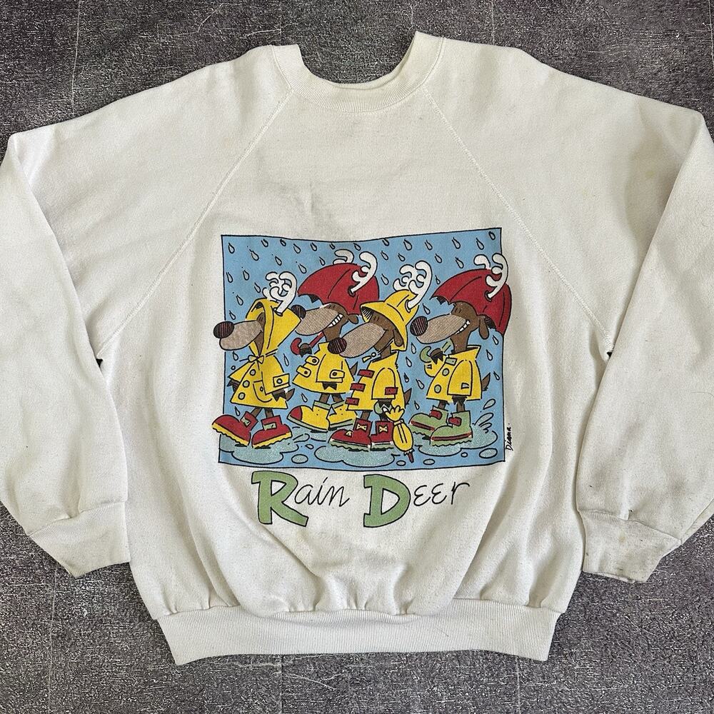Men's Vintage 90s TNF Rain Deer Cartoon Reindeer White Crewneck Sweatshirt Sz XL
